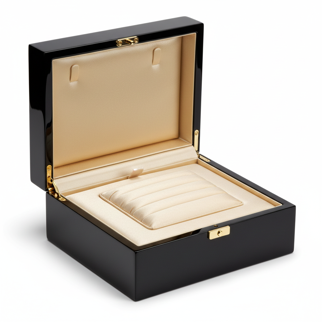 Luxury lacquered wooden box open showing velvet interior