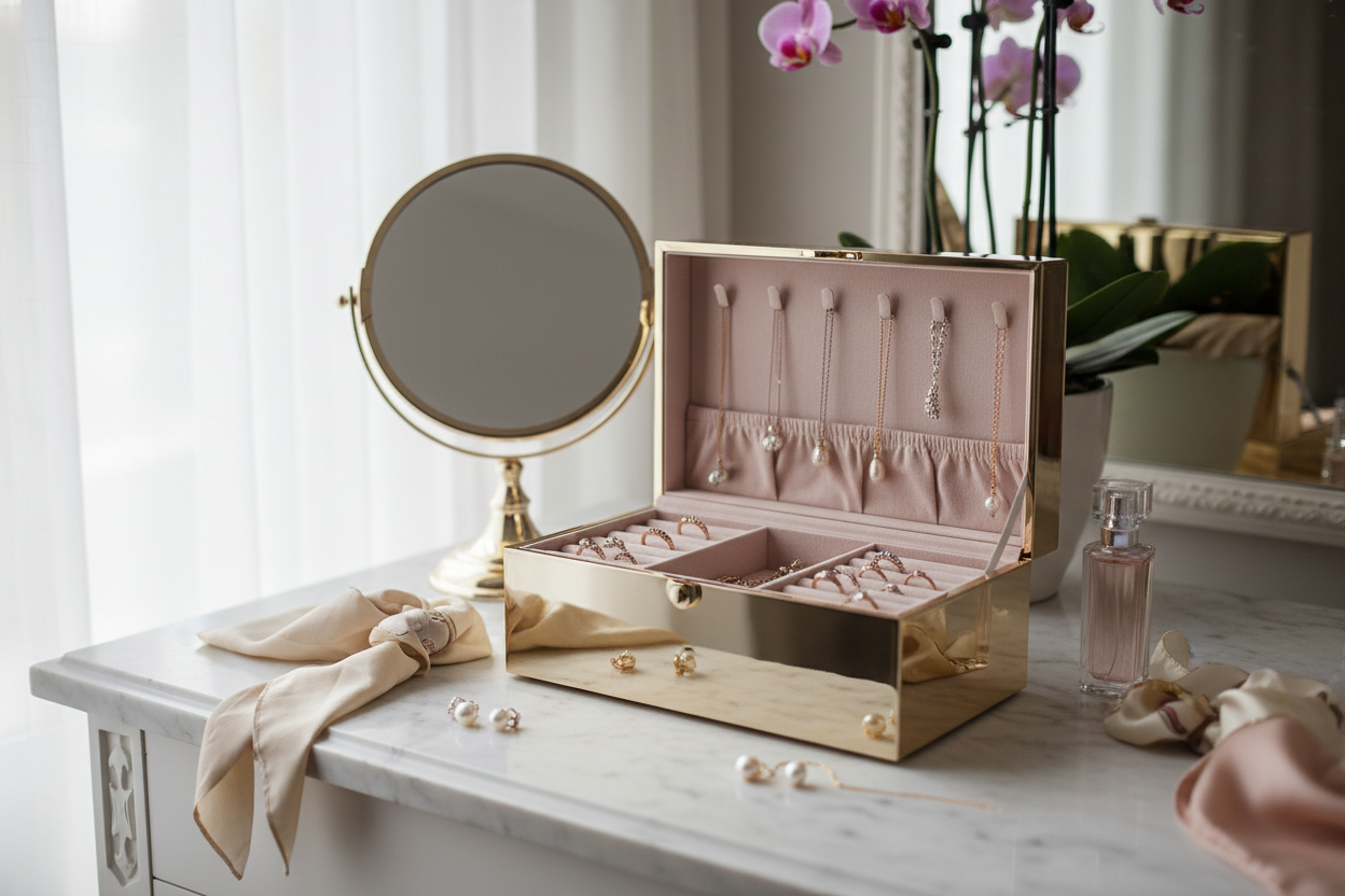 Luxury jewelry box on vanity with champagne gold exterior