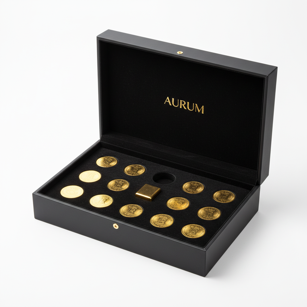Matte black luxury box open with velvet insert holding gold coins and gold bar