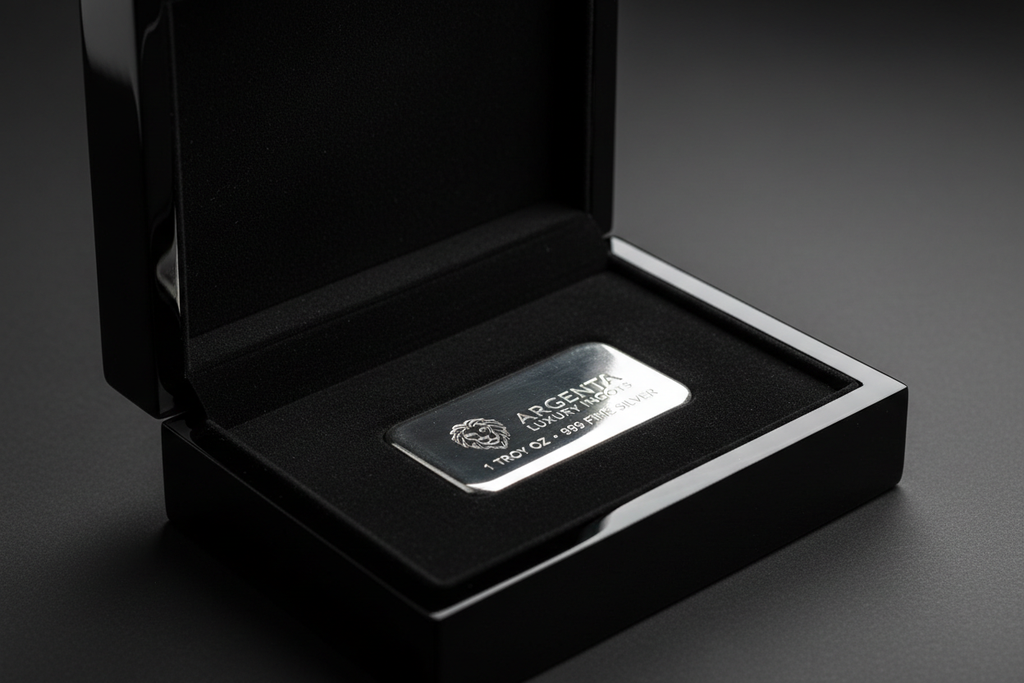 Gloss black lacquered box with velvet interior holding a silver bar