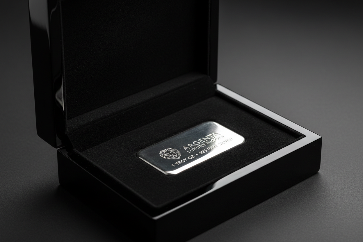 Gloss black lacquered box with velvet interior holding a silver bar