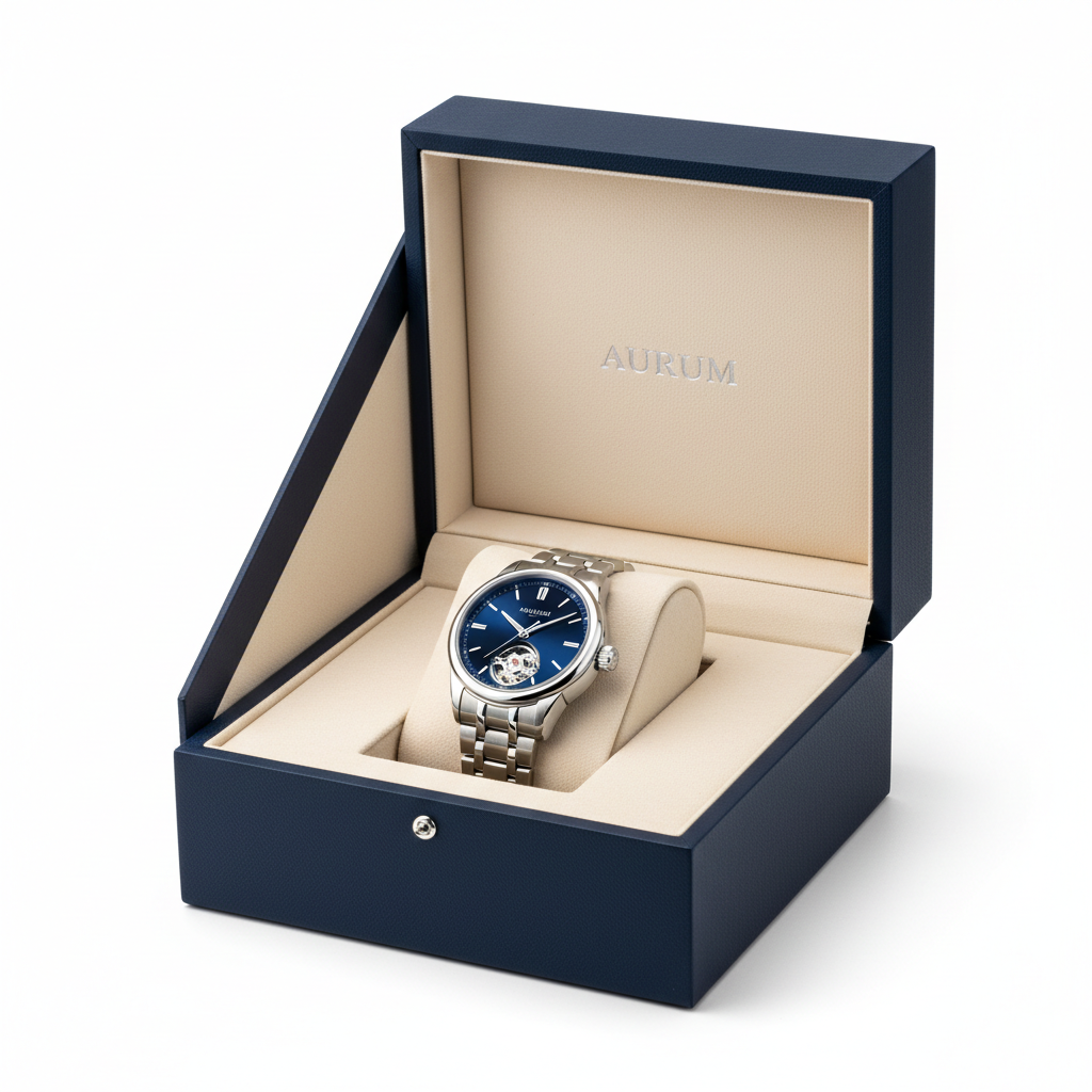 Navy blue luxury watch box open with cream suede interior and watch pillow