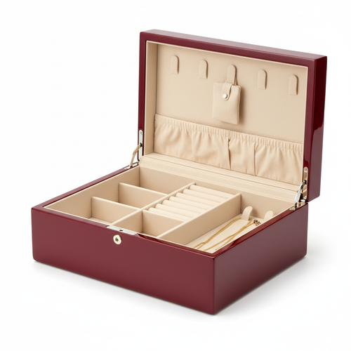 Luxury lacquered jewelry box open with satin interior and ring rolls
