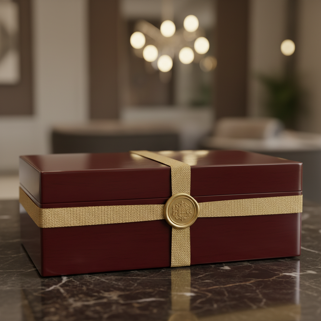 Burgundy rigid box with gold ribbon on dark marble surface
