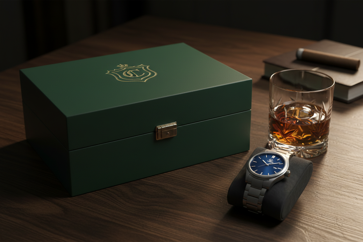 Forest green watch box on dark oak desk lifestyle photo